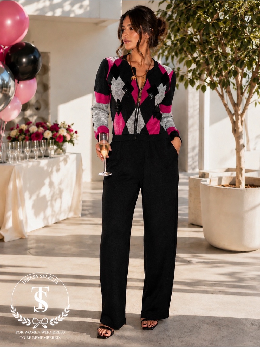 Antonella Preve NY Vintage Knit Jumpsuit Leather Trim Argyle Pink Black L